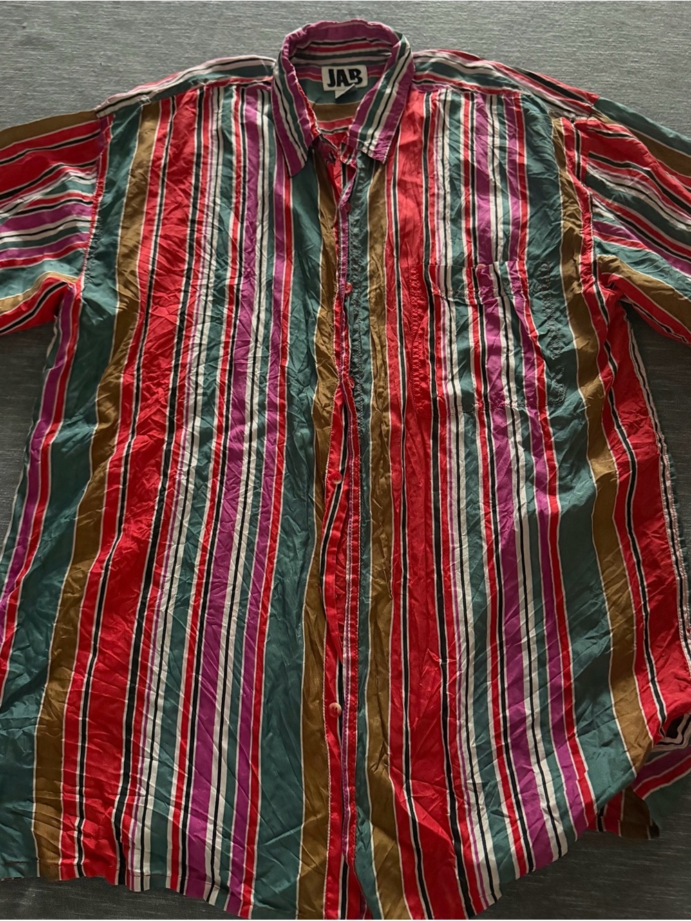 Vintage JAB 100% Silk Multicolor Stripe Men's Button-Up Shirt - Red & Green